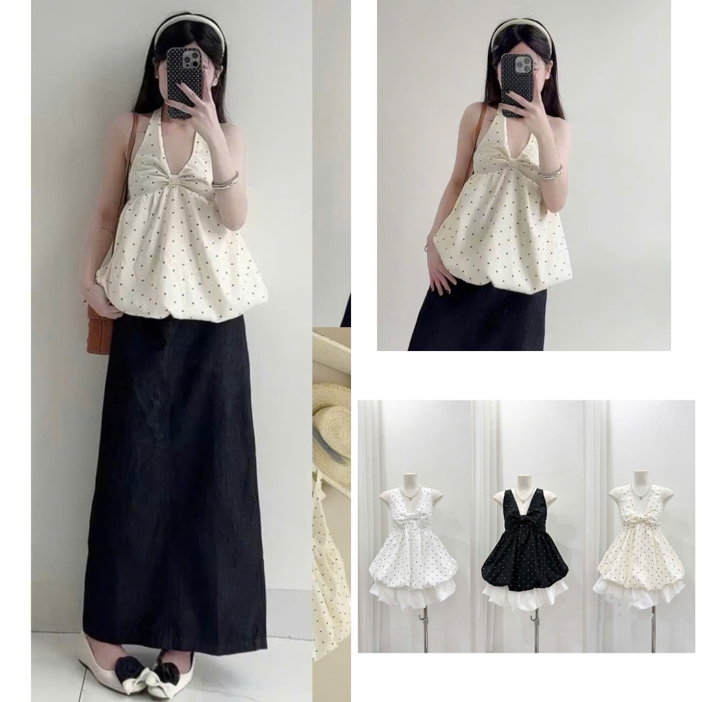 [hàng Shop]: Áo Yếm Cổ Tim Dạng Nơ, Chất Thô Chéo In Trái Tim Mini, Dáng Bí Phồng Trẻ Trung Hack Tuổ