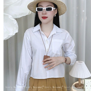 AE562 LEOSWEARING  Áo sơ mi nữ linen dài tay có túi màu trắng