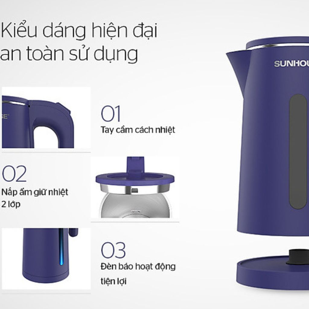 Ấm siêu tốc SUNHOUSE SHD1355 , inox 2 lớp 1.8L, công suất 1500W, thân chống bỏng, bảo hành 12 tháng, hàng chính hãng | BigBuy360 - bigbuy360.vn