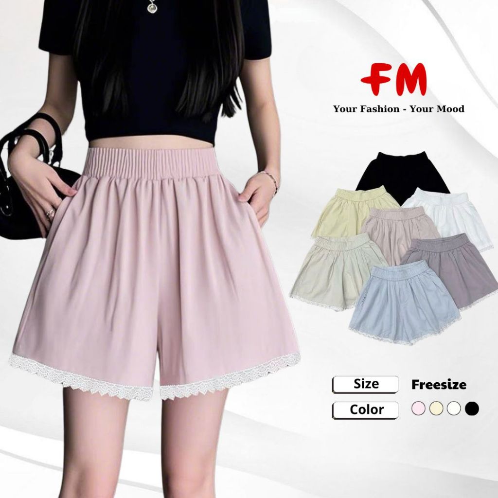 Quần Short Đùi Kiểu FMSTYLE Vải Trơn Lưng Thun Lai Phối Ren Thoáng mát dễ mặc Freesize 25060732