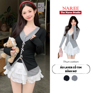 Áo Layer 2 Lớp Nữ Cổ Tim Đính Nơ BigSize NAREE, Áo Thun Cotton Dài Tay Form Ôm Eo Khuy Nơ 330Q 351M