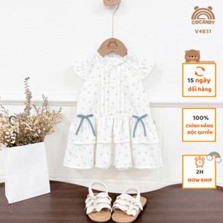 Váy cho bé COCANDY -Váy cộc TRẮNG hoa nhí xanh phối 2 nơ V4831