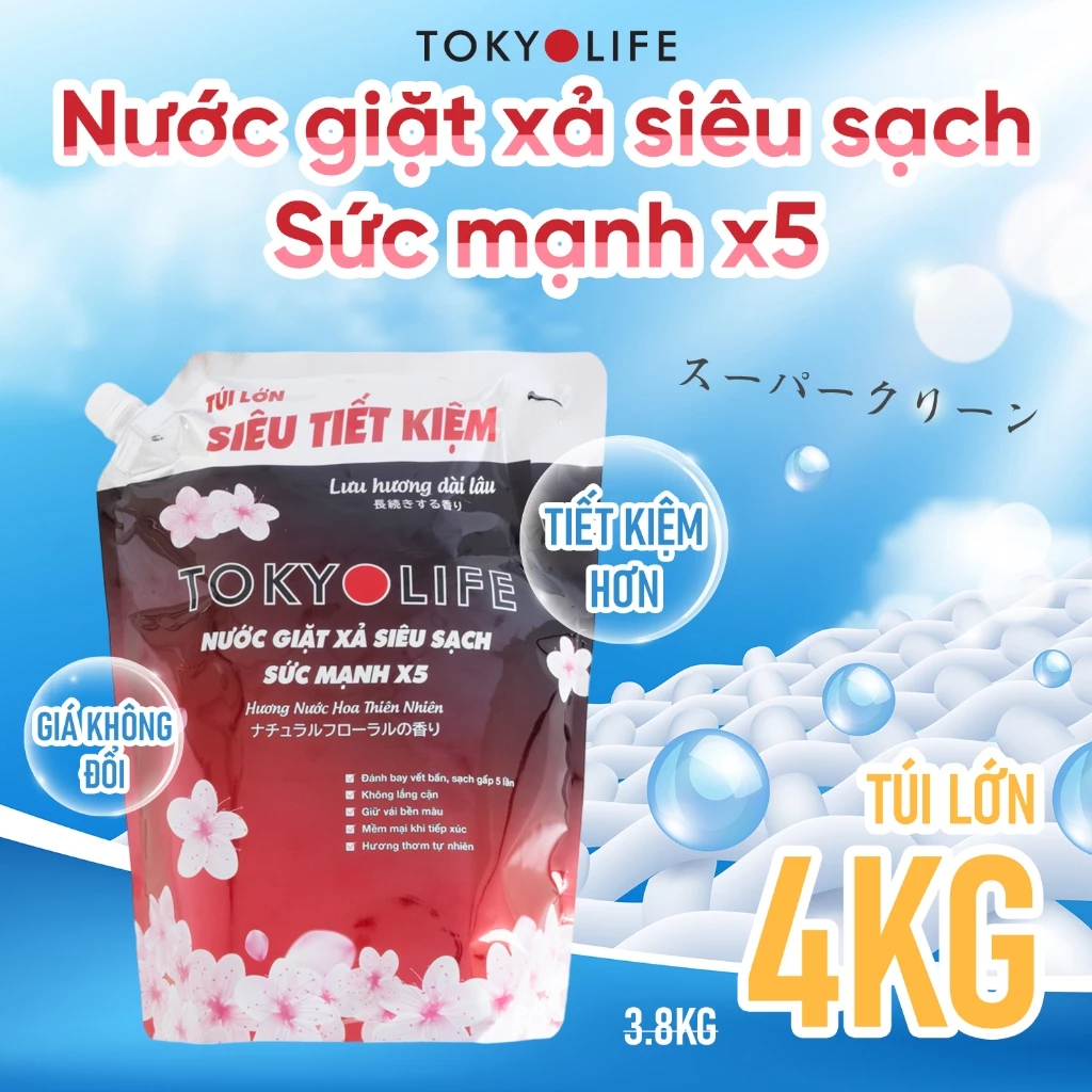 [TIẾT KIỆM] Nước giặt xả Siêu sạch sức mạnh X5 TOKYOLIFE 4kg hương nước hoa, mềm vải thơm lâu 400012