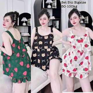 Đồ Bộ Bigsize - Đồ Ngủ Mặc Nhà Pijama Bigsize Lụa Nhật Áo 2 Dây Tầng Kèm Quần Đùi Nhún Bèo Cao Cấp 50-100kg 2470 - 2396