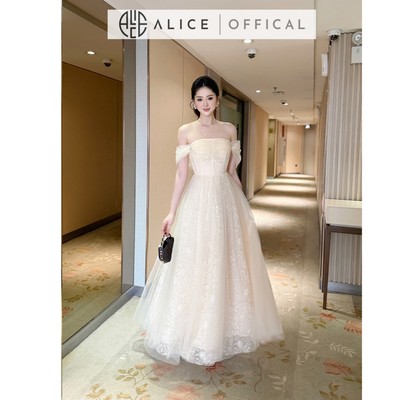 Váy Tiểu Thư Chất Lưới Alice, Đầm Maxi Trễ Vai Cúp Ngực, Váy Chiết Eo Tùng Xòe 3 Lớp T170-SX