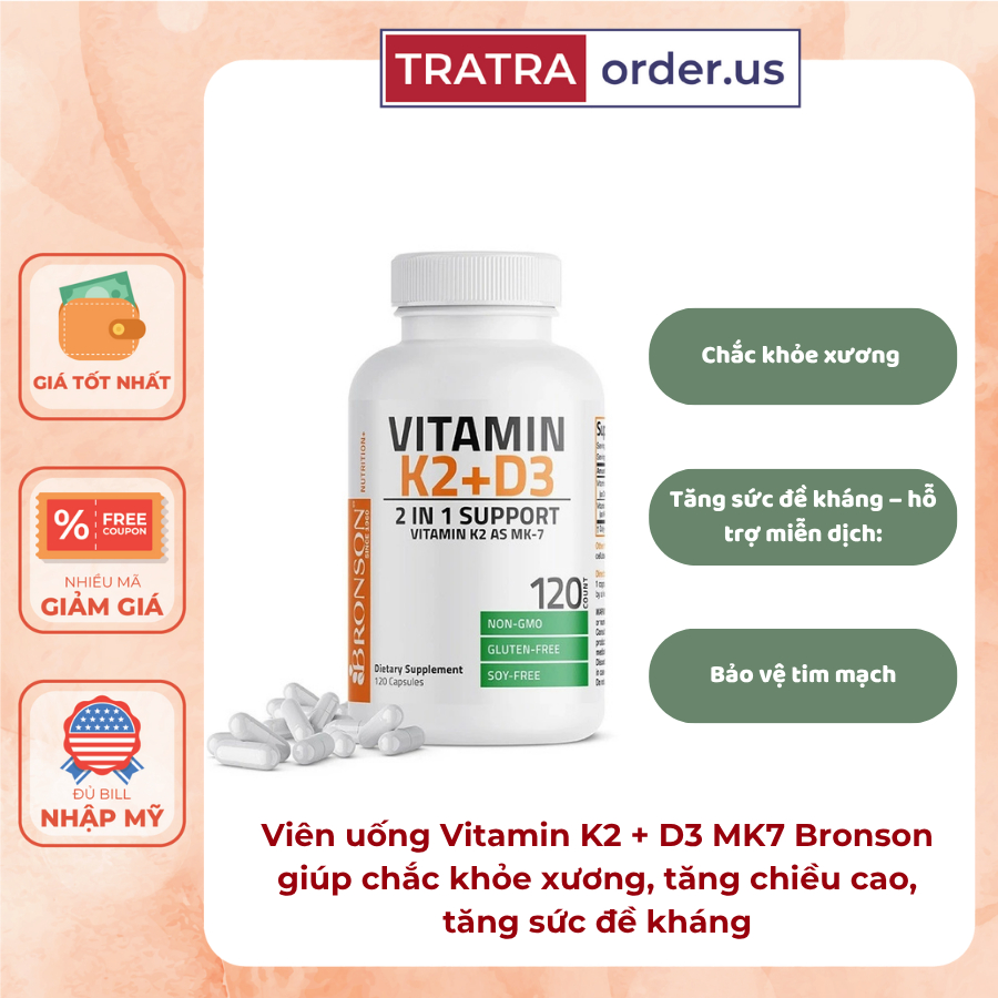Viên uống Vitamin K2 + D3 MK7 Bronson giúp chắc khỏe xương, tăng chiều cao, tăng sức đề kháng