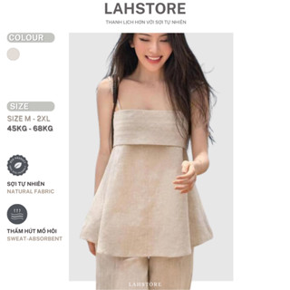  Set đồ nữ linen LAHSTORE áo 2 dây ngực xếp ly & quần dài suông ống rộng  Be Muối Tiêu  
