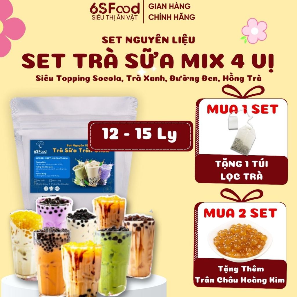 Set Trà Sữa Tự Pha Mix 4 vị Thành Phẩm 15 Ly - Trà Sữa Socola, Trà xanh, Hồng Trà Sữa, Đường đen