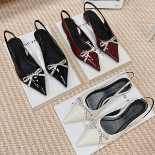  Sandal nữ mũi nhọn nơ đá da bóng đế bệt Giày sục nữ búp bê quai chun nơ đính đá nhỏ xinh xắn 