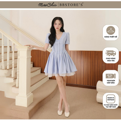 MissChic by BBSTORE'S Đầm Xòe Dạo Phố Ngắn Ford Sọc Xanh Cổ V Tay Phồng - D4148B