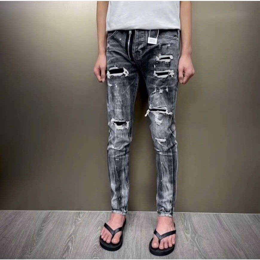 Quần jean nam DSQ thêu vá da 4 cúc chất vải co dãn mẫu mới cao cấp-KING77FASHION MENSWEAR PAINT
