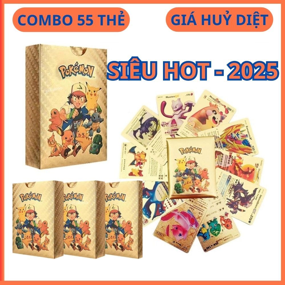 [Hoả Tốc] Combo 1 Hộp 55 Thẻ Bài Pokemon Kim Loại Màu Vàng Cao Cấp IN SIÊU ĐẸP Vmax GX- Phù Hợp Làm Quà Tặng