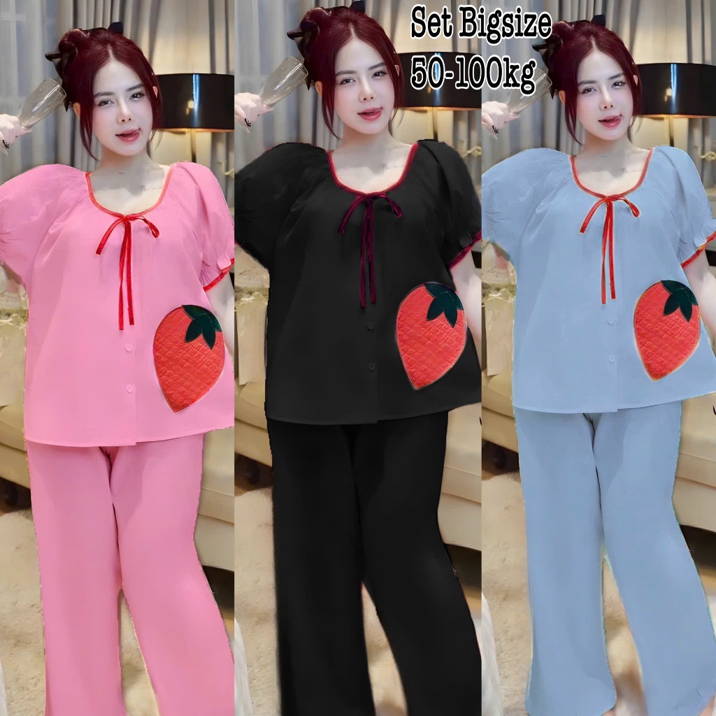 Đồ Bộ Bigsize Nữ - Đồ Ngủ Mặc Nhà Pijama Bigsize Lụa Xốp Thái Mềm Cao Cấp Dài Tay Ngắn Thêu Trái Dâu