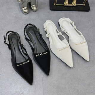  Sục nữ mũi nhọn đính chữ chất tuyết nhung Giày búp bê sandal nữ bệt quai hậu hở gót 