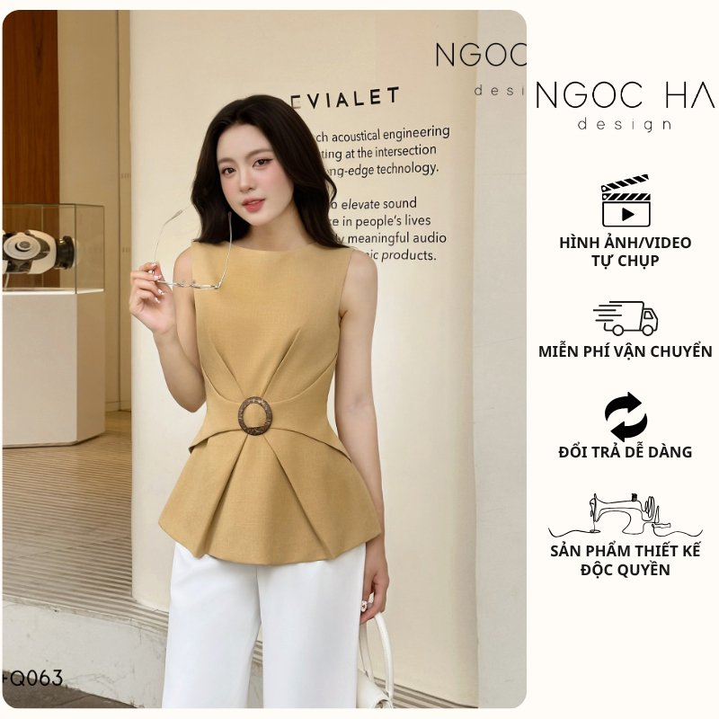 Áo Kiểu Nữ Fanny Top_ Áo Xếp Ly Eo Sát Nách Màu Bee NGOC HA Design A1068