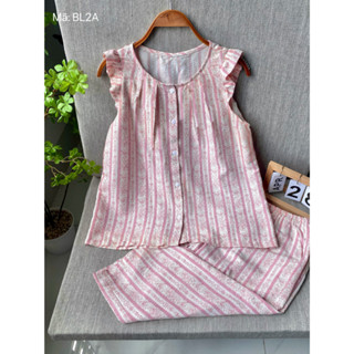 Bộ mặc nhà ba lỗ quần lửng sọc hoa chất đũi cotton mềm mát