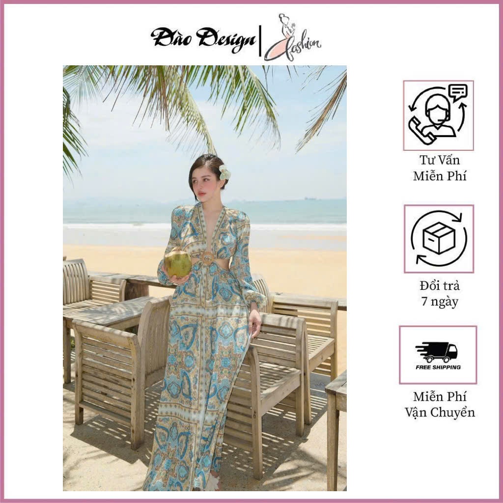 Đầm váy nữ dáng dài thiết kế cổ V khoét eo dài tay hoạ tiết cổ điển form maxi Đào design tiểu thư