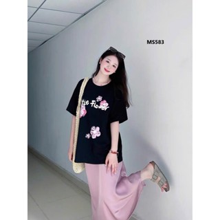 Set áo bầu thun đen in hoa phối chân váy lụa hồng, set đầm bầu xinh xắn, chân váy lụa có đáp bụng cho mẹ bầu-MS583