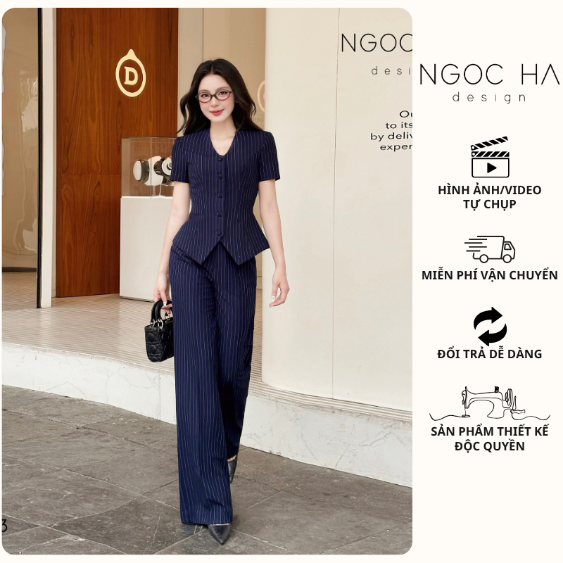 Set Bộ Công Sở_ Vittoria Set_ Bộ Vest Cổ V Quần Suông Kẻ Sọc NGOC HA DESIGN BQ013