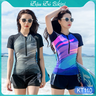 Bộ bơi nữ big size cao cấp, mẫu 2 mảnh áo cộc tay có khóa kéo trước & quần boxer trẻ trung, thun bơi lạnh Lycra | KT110