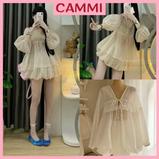 Sét áo babydoll tơ mềm cổ V kèm chân váy bí 2 lớp màu be nhẹ nhàng tiểu thư 3 chi tiết có áo quây HB353
