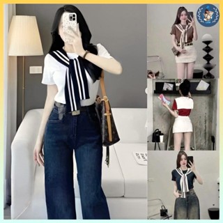 [A425] Áo thun kiểu nữ CỔ PHỐI KHĂN VIỀN LƯNG VUÔNG có logo mềm mịn co giãn 4 chiều loại 1 - L2M
