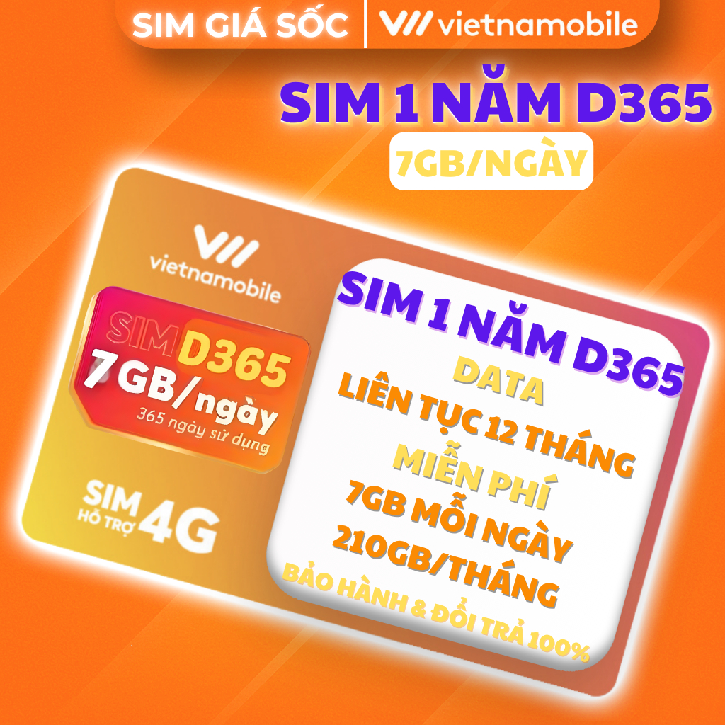 Sim 1 Năm 7GB/Ngày Vietnamobile – D365 – Dùng 365 Ngày, Gọi Giá Rẻ