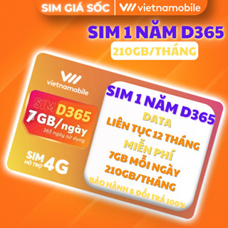Sim 1 Năm 7GB/Ngày Vietnamobile – D365 – Trọn Gói 12 Tháng, eSIM Hỗ Trợ, Gọi Rẻ