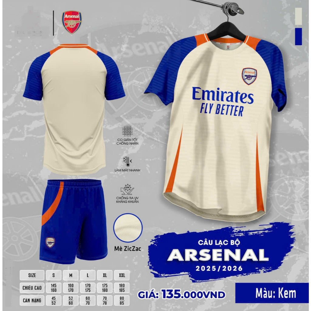 Bộ Đồ Đá Banh CLB Arsenal màu Kem