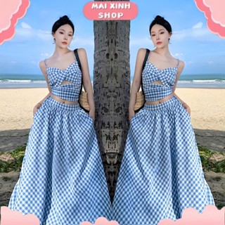 Váy Nữ - Bikini Kín Đáo Buộc Nơ Lưng Mix Với Chân Váy Maxi Dáng Dài Kẻ Caro Đi Biển, Du Lịch,Đi Tiệc Mai_xinh_shop
