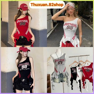 Áo croptop nữ sát nách Hotness 98 phối sọc lệch vai tua rua phong cách thể thao năng động Y2K cá tính