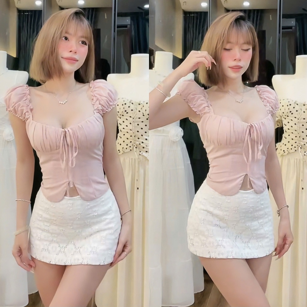 KATIE TOP -  Áo croptop tay con nhún chất linen ướt, phía sau có chun co dãn size SML | BigBuy360 - bigbuy360.vn