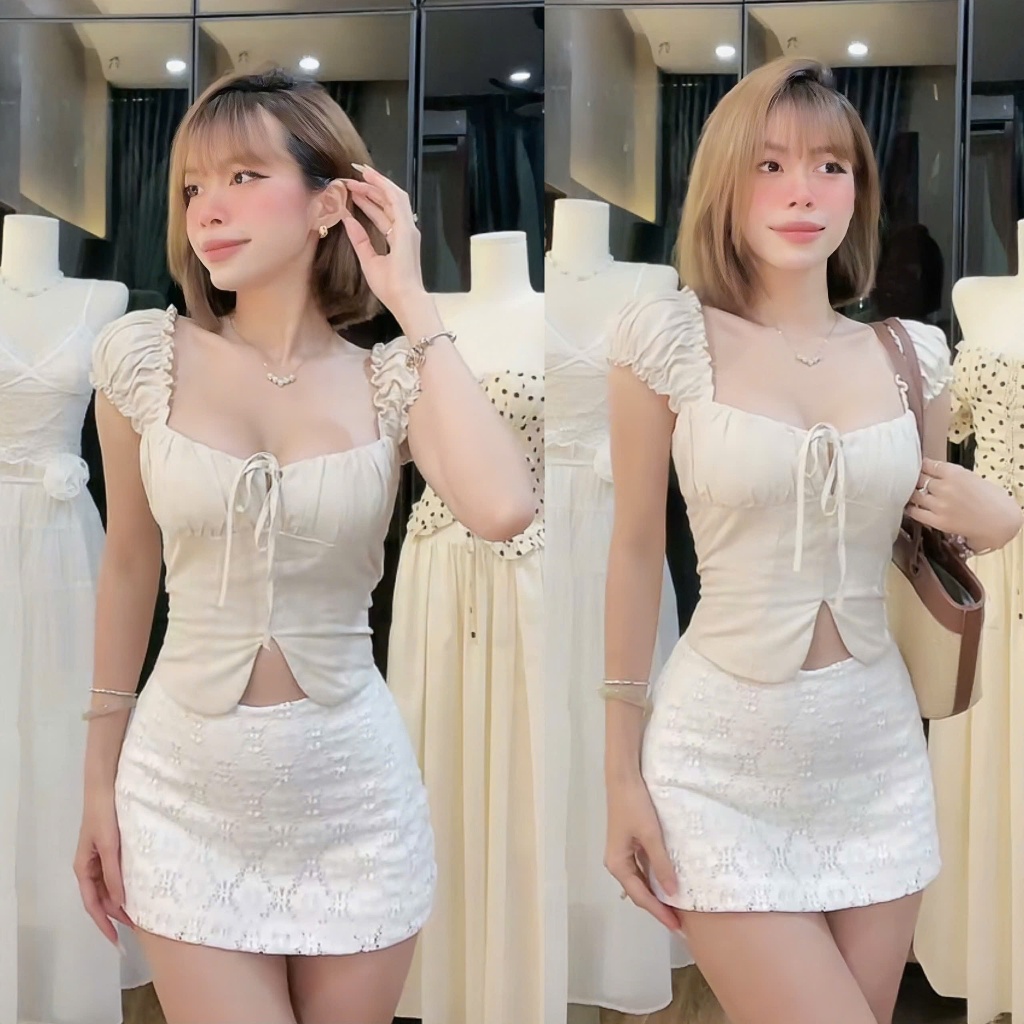 KATIE TOP -  Áo croptop tay con nhún chất linen ướt, phía sau có chun co dãn size SML | BigBuy360 - bigbuy360.vn