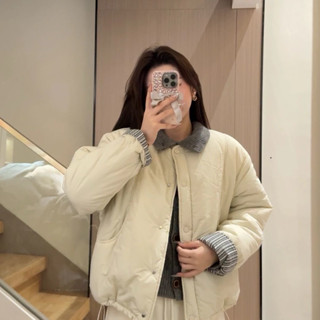 【Sẵn Trắng Kem M+L-Có Ảnh Thật  Áo phao trần trám nữ lót lông siêu ấm ,ống tay phối kẻ phong cách hàn Quốcr