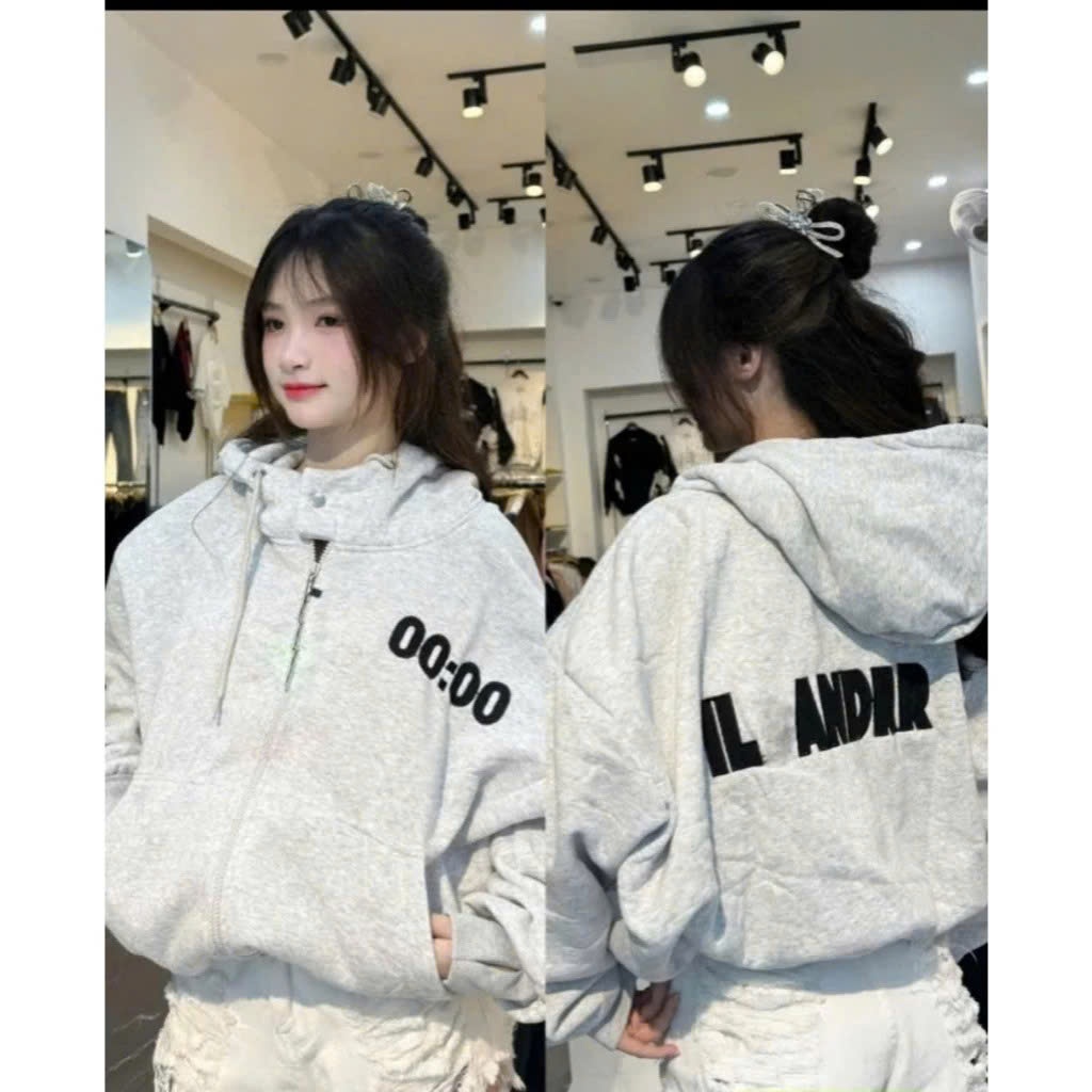 ÁO HOODIES ZIP BOXY CÓ NÚT BẤM, PHỐI NÓN RỘNG, LOGO 00:00 CÓ TÚI CÁ TÍNH, NĂNG ĐỘNG, NAM NỮ MẶC ĐỀU ĐƯỢC