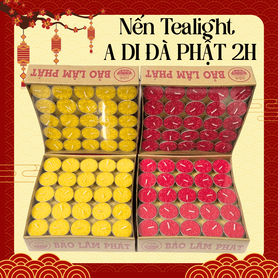 Nến tealight A Di Đà Phật hộp 100 viên cháy 2h, không mùi, không khói, dùng cho các dịp lễ đàn, cúng dường
