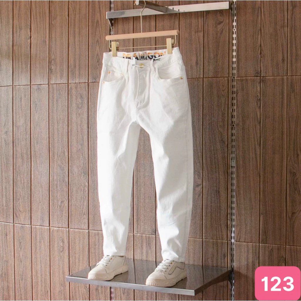 Quần jean nam màu trắng trơn không rách gối chất bò cao cấp co dãn 4 chiều đẹp form dáng skinny boy 