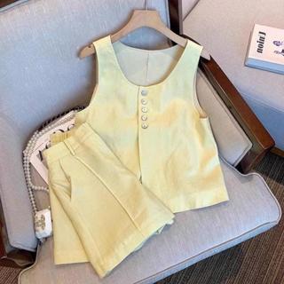 Set Quần Áo Ba lỗ Nữ Kaiyo Vải Linen Vàng Mềm Mại Kèm Quần Short Thanh Lịch Thời Trang Blue Chic Shop