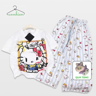   Tặng mặt gấu bông  Set đồ bé gái quần dài áo thun  HELLO KITTY HOẠT HỌA 2 MÀU  cotton su 