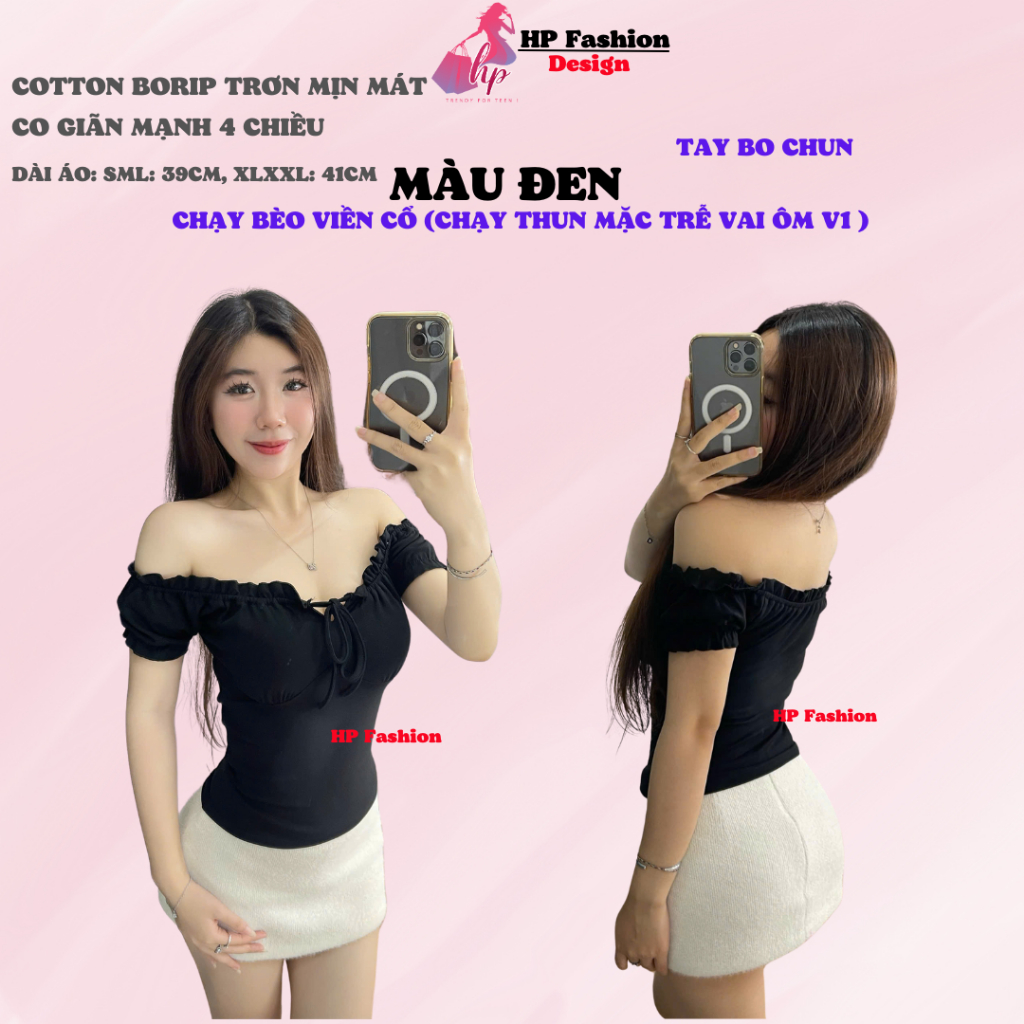 Áo thun body tay bèo ngắn nhún thun cổ vuông, áo nữ kiểu mặc được trễ vai nữ basic vải thun cotton borip trơn basic HP44 | BigBuy360 - bigbuy360.vn