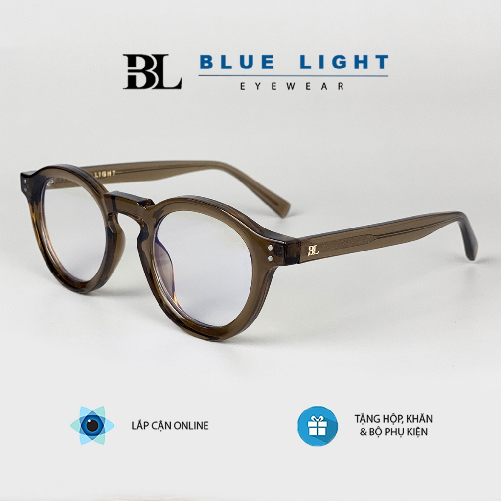 Gọng Kính Cận, Kính Giả Cận Nam Nữ BLUE LIGHT Cao Cấp, Acetate Lõi Thép, Mắt Tròn Gọng Dày Đen, Xám
