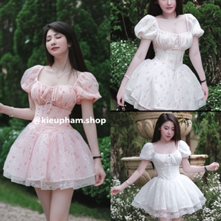 Đầm Hoa Nhí Tay Phồng Cổ Vuông Lưng Bo Chun Dáng Ngắn Chân Váy Ren 4 Lớp Phồng_ Kieupham.shop