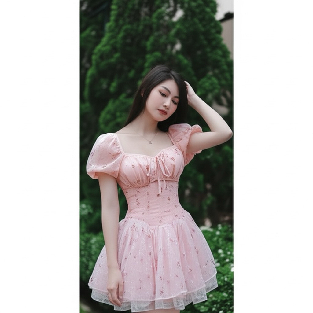 Đầm Hoa Nhí Tay Phồng Cổ Vuông Lưng Bo Chun Dáng Ngắn Chân Váy Ren 4 Lớp Phồng_ Kieupham.shop | BigBuy360 - bigbuy360.vn