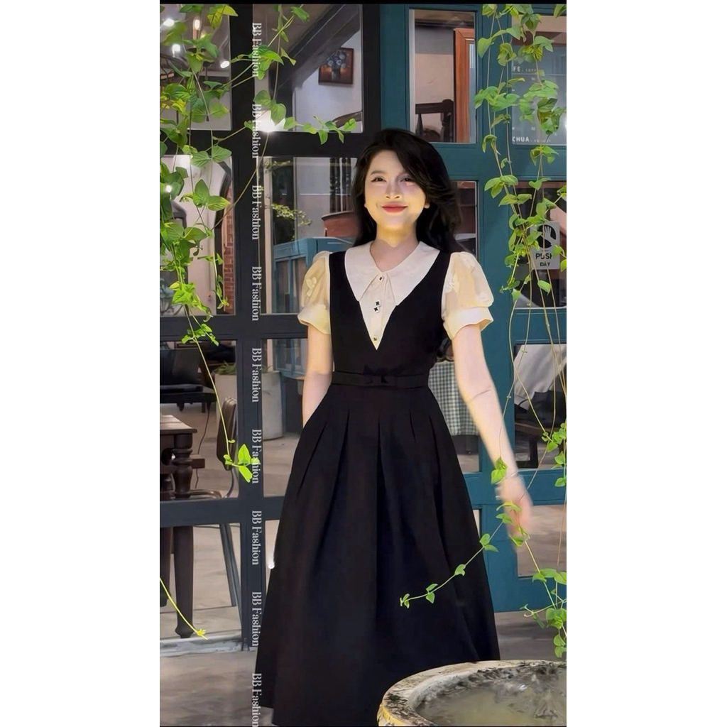 [Hàng sẵn] Đầm đen phối tơ cổ sơ mi dáng dài phong cách tiểu thư cổ điển