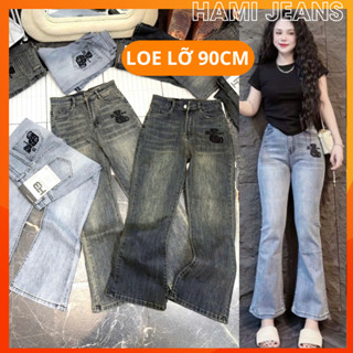 Quần jean ống loe lỡ dài 90cm cạp lưng cao co giãn quần loe thêu hình gấu chất vải đẹp