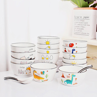 Bộ 4 chén sứ hoạt hình dễ thương 11.5cm – chén ăn cơm cho bé, tô ăn mì (mèo/gia đình/khủng long)