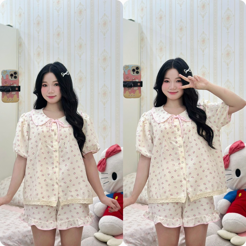 DÀI TAY Cổ SEN bộ ngủ nữ tiểu thư cổ sen vải đũi bông mây mùa hè mặc đi ngủ mát mẻ thoải mái Women Quần Ngủ Áo Ngủ | BigBuy360 - bigbuy360.vn