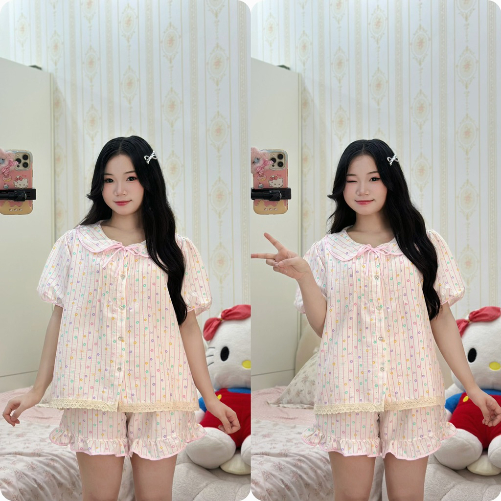 DÀI TAY Cổ SEN bộ ngủ nữ tiểu thư cổ sen vải đũi bông mây mùa hè mặc đi ngủ mát mẻ thoải mái Women Quần Ngủ Áo Ngủ | BigBuy360 - bigbuy360.vn