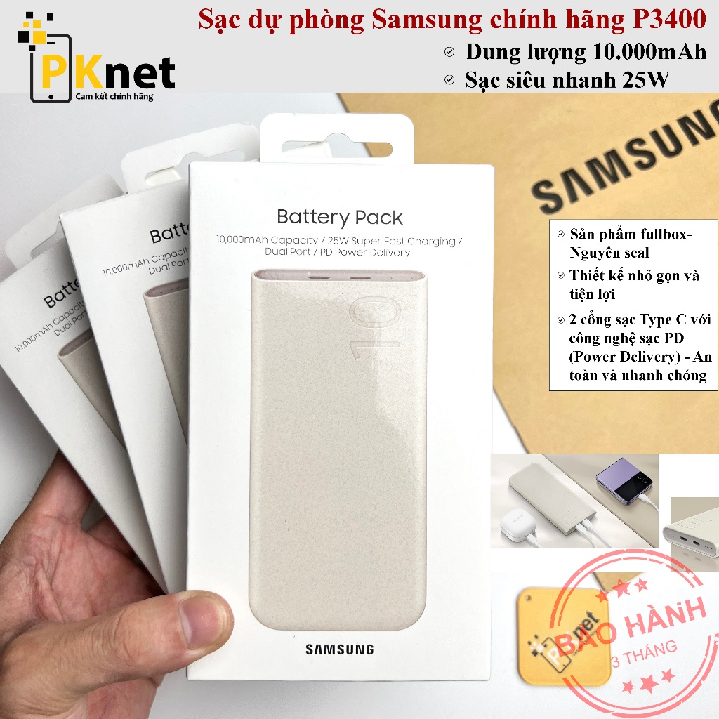 Sạc dự phòng Samsung 25W 10000mAh Chính Hãng P3400, sạc siêu nhanh, fullbox, nguyên seal, bảo hành c