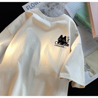 Áo thun phông nữ nam form rộng dấu quần chất liệu cotton khô in hình mèo chrgaing